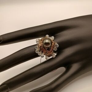 Black Pearl Sterling Silver Ring With Dangling Quartz Crystals And Gold Accents